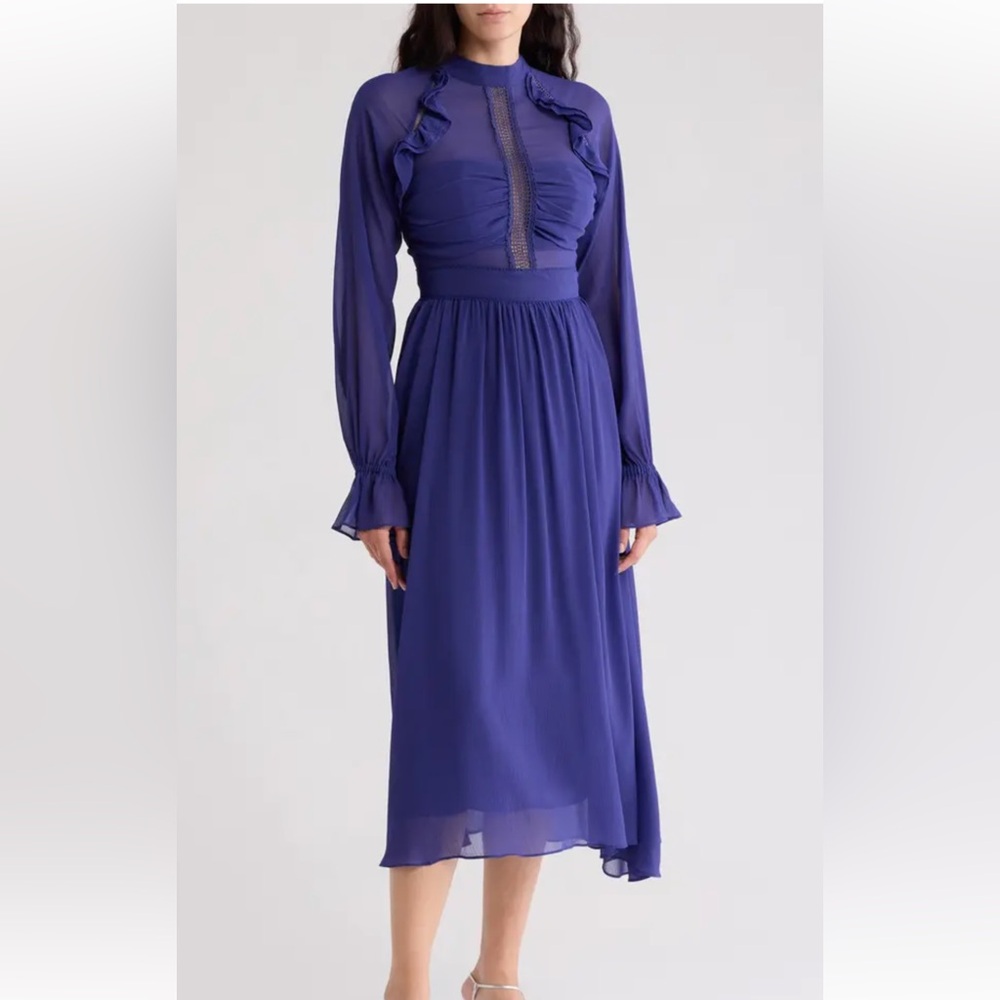NEW Rachel Parcell crinkle chiffon Long Sleeve Navy Ruffle Midi Dress size 8